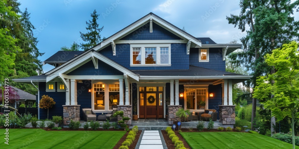 Cozy craftsman-style house in navy blue, wide eaves, stone details, and manicured lawn. Cozy craftsman-style house in navy blue, wide eaves, stone details, and manicured lawn.