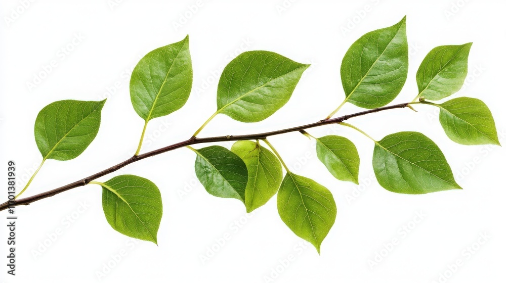 Branch with vibrant green leaves isolated on a white backdrop, capturing the natural elegance and detailed beauty of the leaves Branch with vibrant green leaves isolated on a white backdrop, capturing the natural elegance and detailed beauty of the leaves