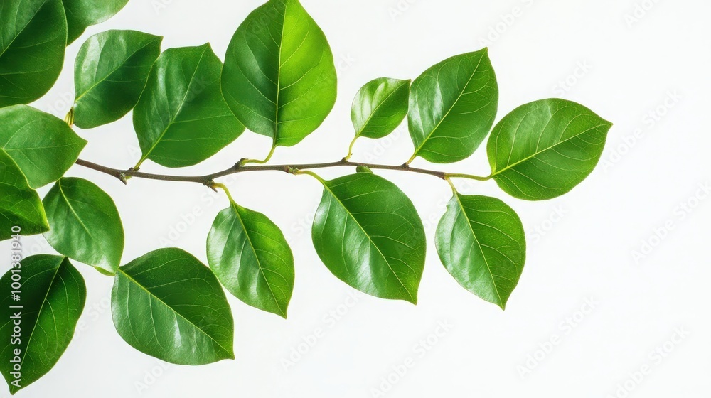 Branch with vibrant green leaves isolated on a white backdrop, capturing the natural elegance and detailed beauty of the leaves