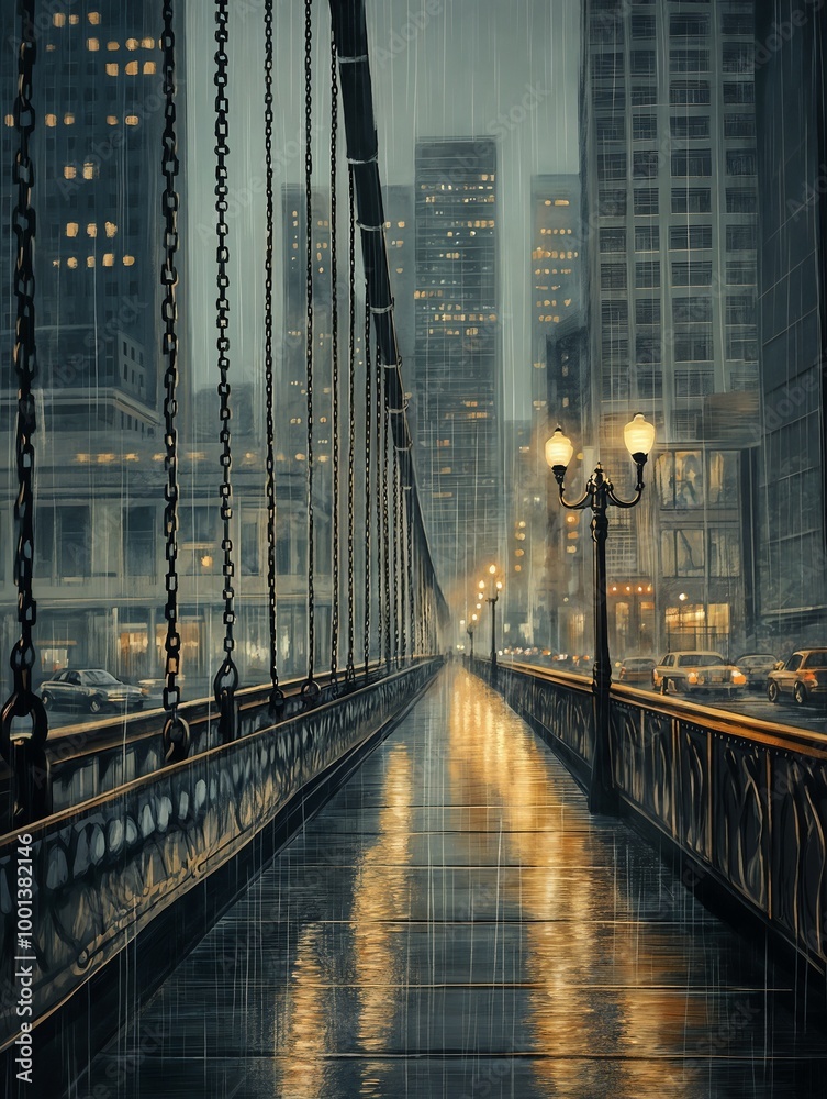Obraz premium Chains of a bridge in the rain with illuminated cityscape at night