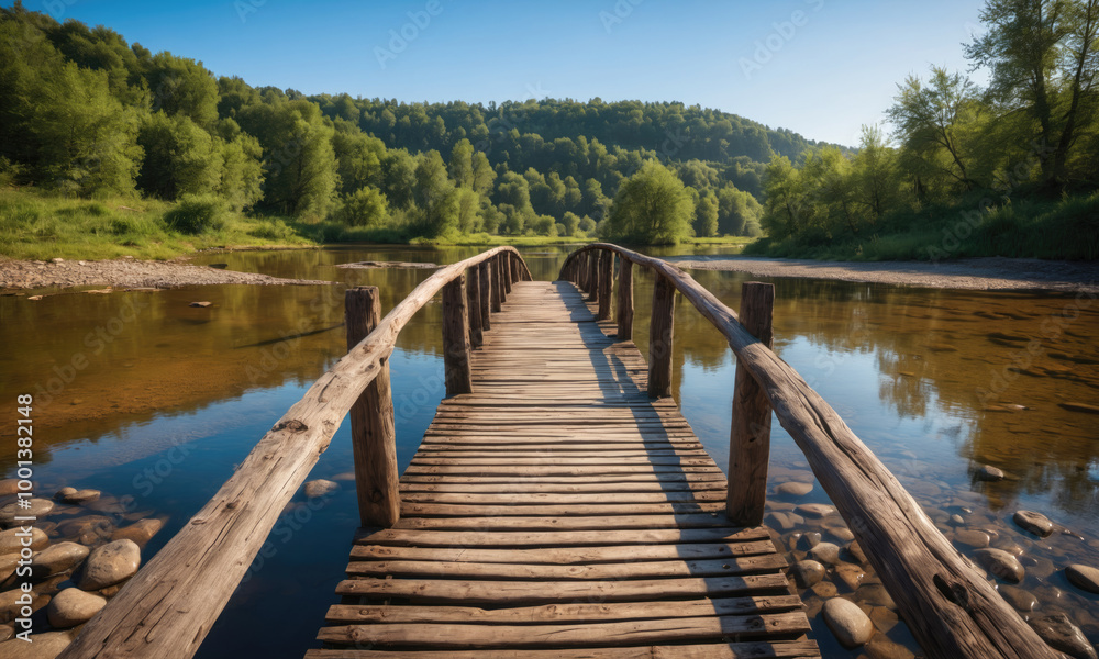 A wooden bridge stretches across a calm river, leading to a lush forest on a sunny day A wooden bridge stretches across a calm river, leading to a lush forest on a sunny day