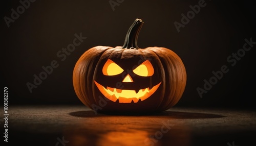 Carved pumpkin with menacing face glows eerily in the darkness, setting a spooky atmosphere for Halloween festivities photo