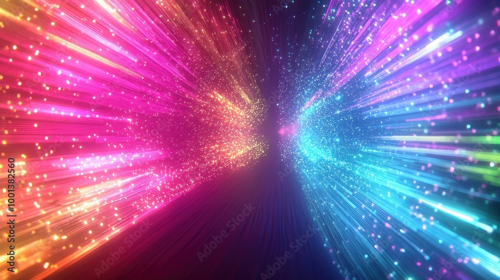Bright and colorful 3D abstract background with neon rays and glowing lines, showcasing a dynamic spectrum of radiant light Bright and colorful 3D abstract background with neon rays and glowing lines, showcasing a dynamic spectrum of radiant light