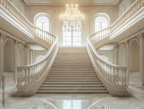 Elegant white marble staircase in a luxurious grand home with a chandelier above.