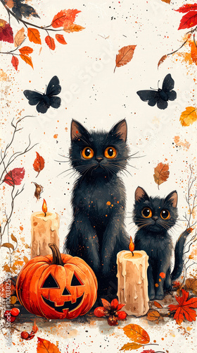 Featuring adorable cats, сarved halloween pumpkin and candles, muted taupe, and soft beige colors.