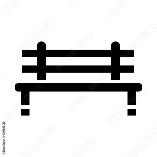 Park bench with horizontal slats, simple geometric design, minimalistic lines, urban public space symbol, solid black silhouette, seating area representation, outdoor relaxation.