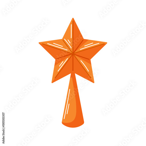 Star decoration for Christmas tree topper with a cone shaped base in cartoon. The shiny festive star isolated on a white background.