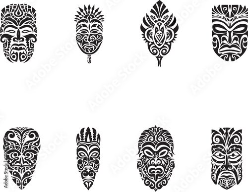 Art & IlTraditional tribal masks featuring intricate patterns and designs from various cultures displayed in a grid layoutlustration