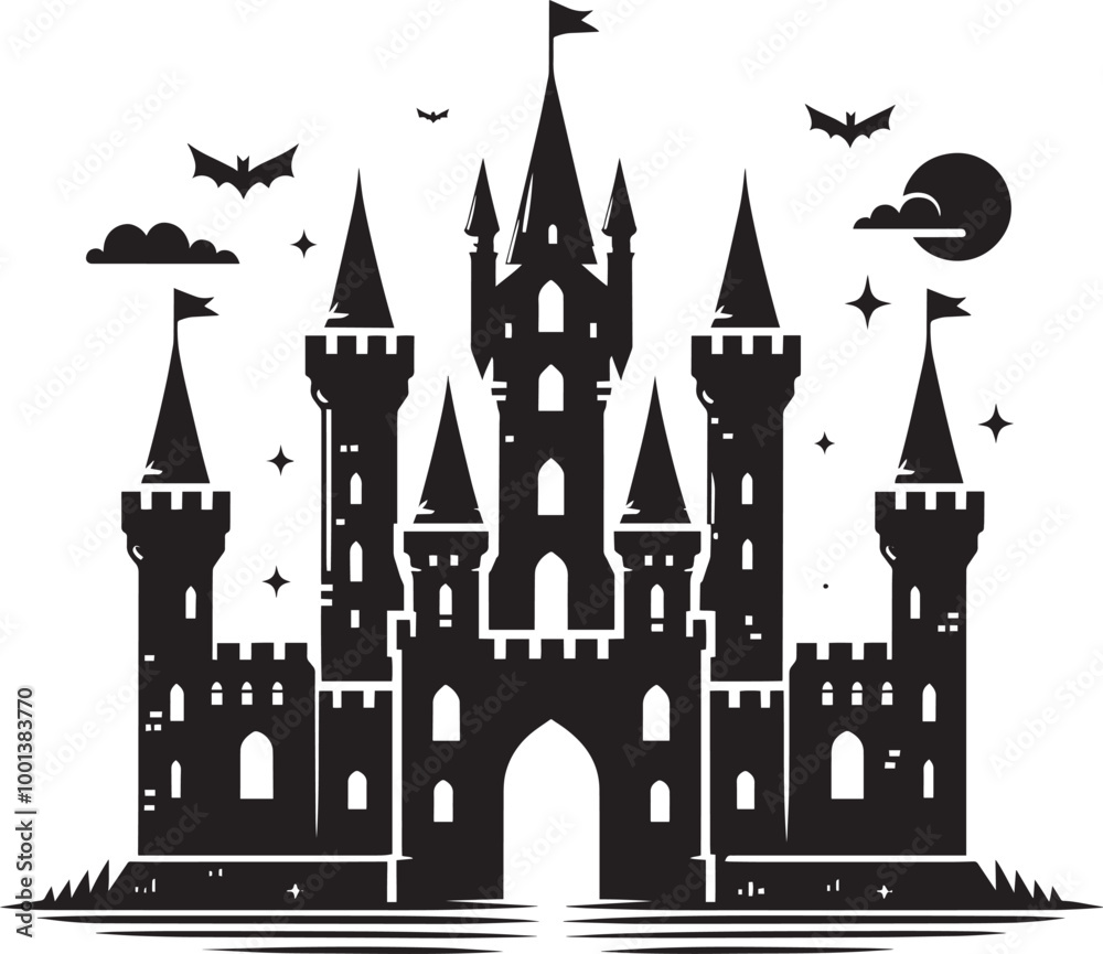 Obraz premium Ancient Haunted Castle silhouette vector illustration isolated on a white background