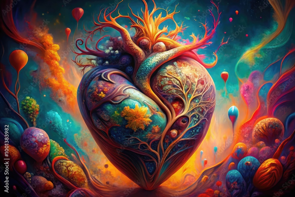 Abstract Art Representation of a Human Heart with Vivid Colors and Intricate Patterns and Textures Abstract Art Representation of a Human Heart with Vivid Colors and Intricate Patterns and Textures