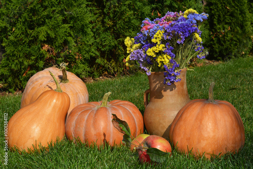 Autumn decorations in autumn: pumpkins, ceramic vase with flowers, apples on the grass.