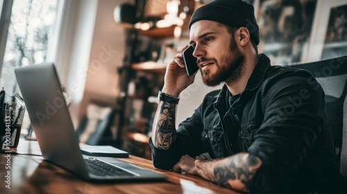 A man with a beard is talking on his cell phone while sitting at a desk with a l