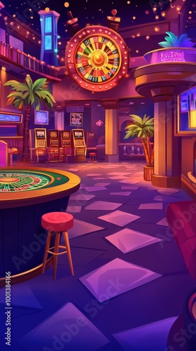 Vibrant casino interior with colorful lights, slot machines, and palm trees, creating an exciting gaming atmosphere. photo