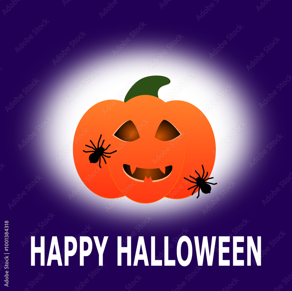 Halloween card with pumpkin and black spiders on dark violet background Halloween card with pumpkin and black spiders on dark violet background