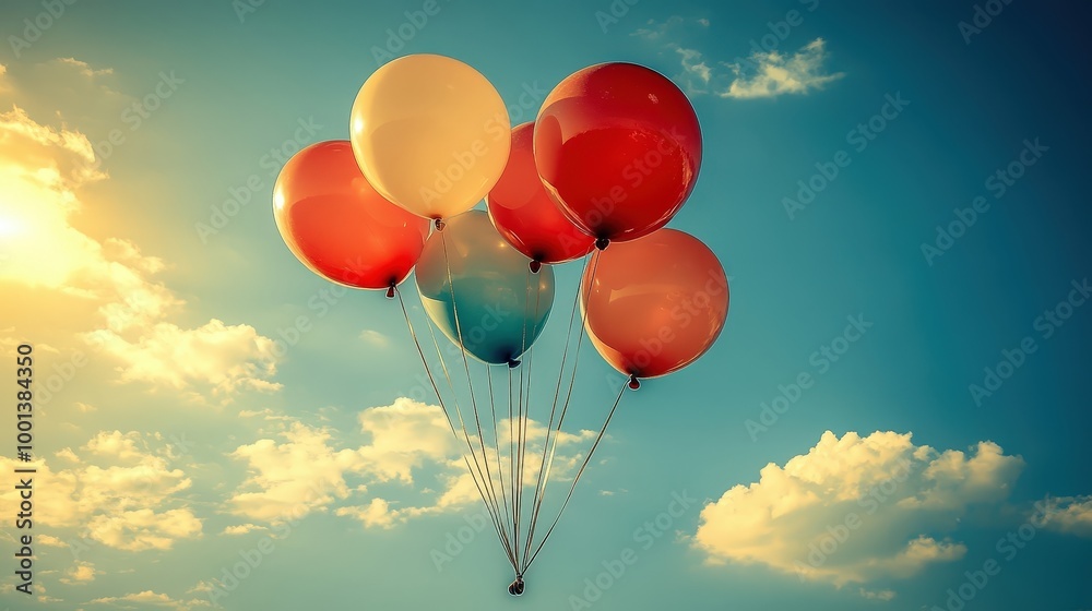 A cluster of colorful balloons rises against a vibrant blue sky, adorned with fluffy white clouds, catching the warm glow of the setting sun. A cluster of colorful balloons rises against a vibrant blue sky, adorned with fluffy white clouds, catching the warm glow of the setting sun.