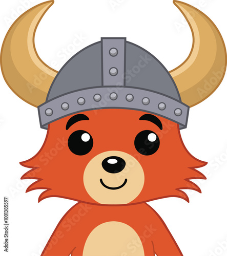 cute flat cartoon fox wearing viking helmet with horns