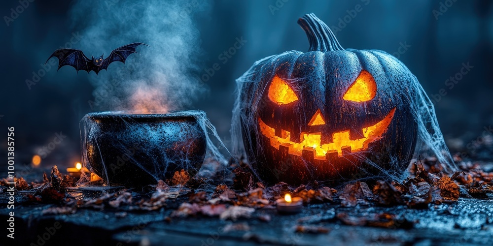 A spooky Halloween scene with a glowing jack-o-lantern, a cauldron, and a bat flying in the air, all covered in spiderwebs and surrounded by fallen leaves. A spooky Halloween scene with a glowing jack-o-lantern, a cauldron, and a bat flying in the air, all covered in spiderwebs and surrounded by fallen leaves.
