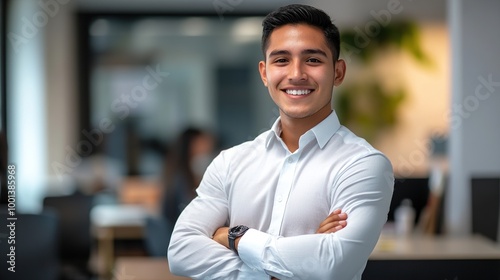 Confident Young Hispanic Businessman in Modern Office