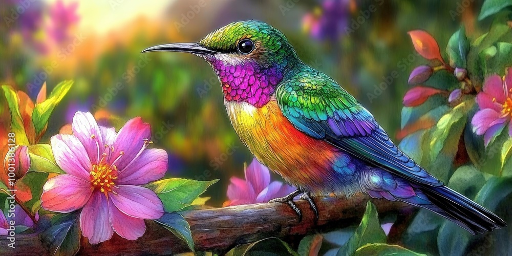 Fototapeta premium A vibrant hummingbird perched on a branch amidst blooming flowers, its iridescent plumage shimmering in the warm sunlight.