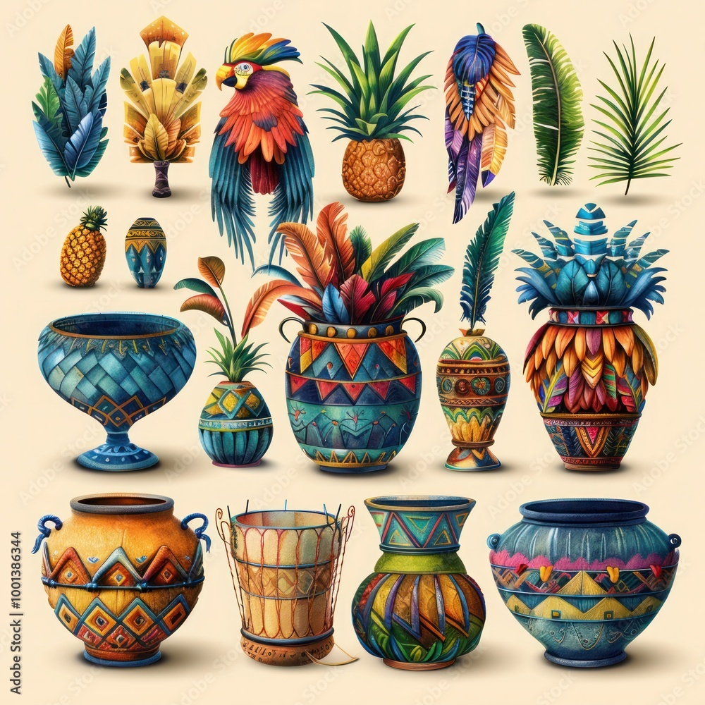 Brazilian Carnival Festive Poster Set with Traditional Music & Costume Vectors - Colorful Isolated Illustrations
