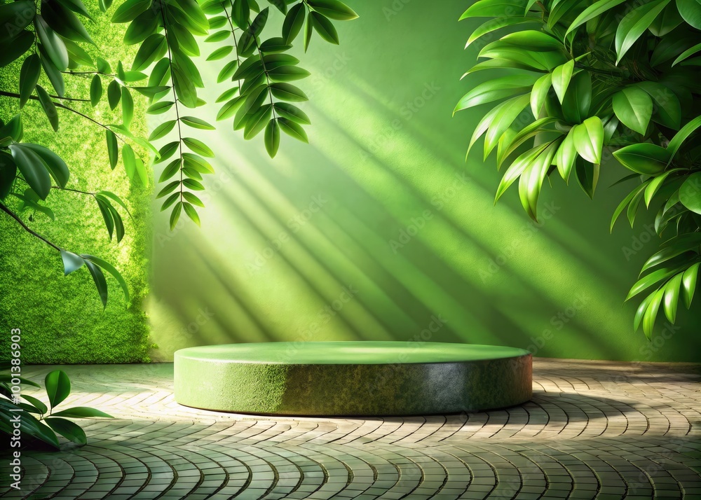 Abstract Green Background with Leaves Shadows and Sunlight on Cobblestone Podium for Product Display Abstract Green Background with Leaves Shadows and Sunlight on Cobblestone Podium for Product Display