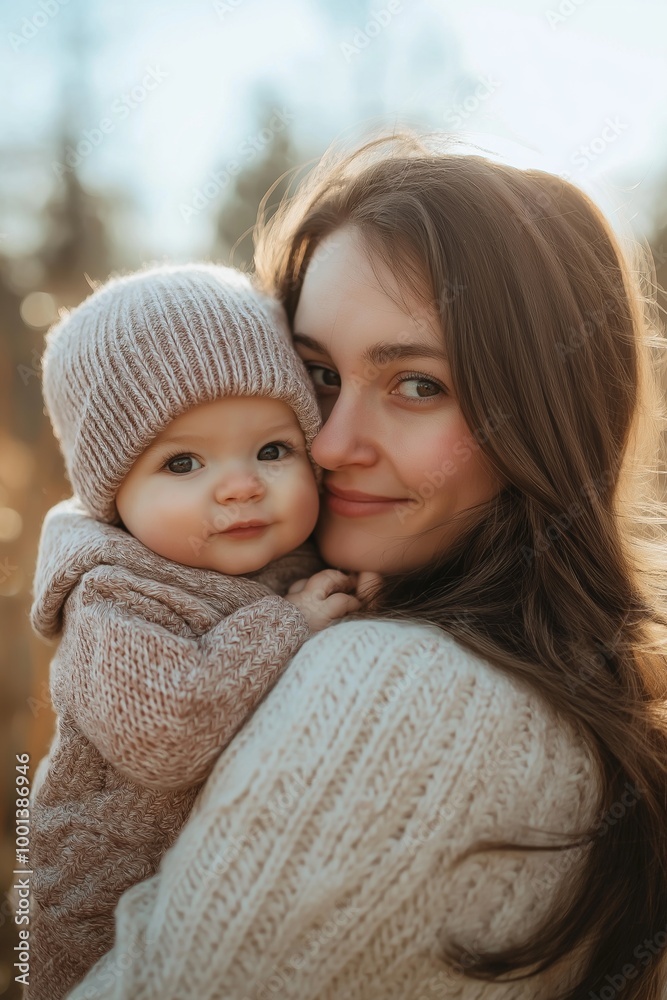 A mother embraces her baby in a peaceful outdoor setting, bathed in warm sunlight. A mother embraces her baby in a peaceful outdoor setting, bathed in warm sunlight.