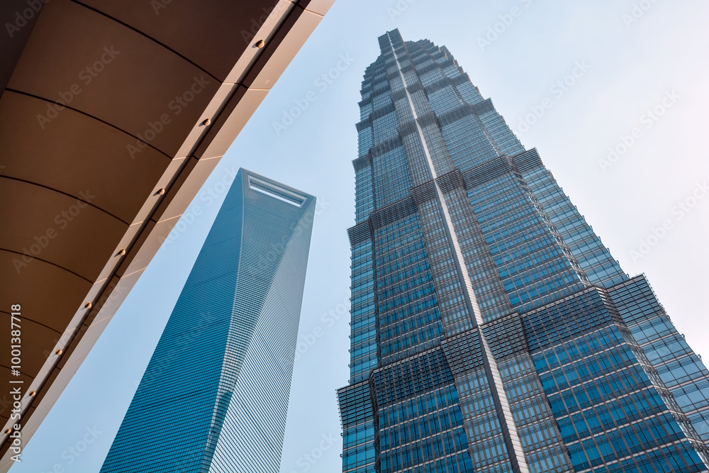 Looking up at the landmark buildings in Shanghai, China Looking up at the landmark buildings in Shanghai, China