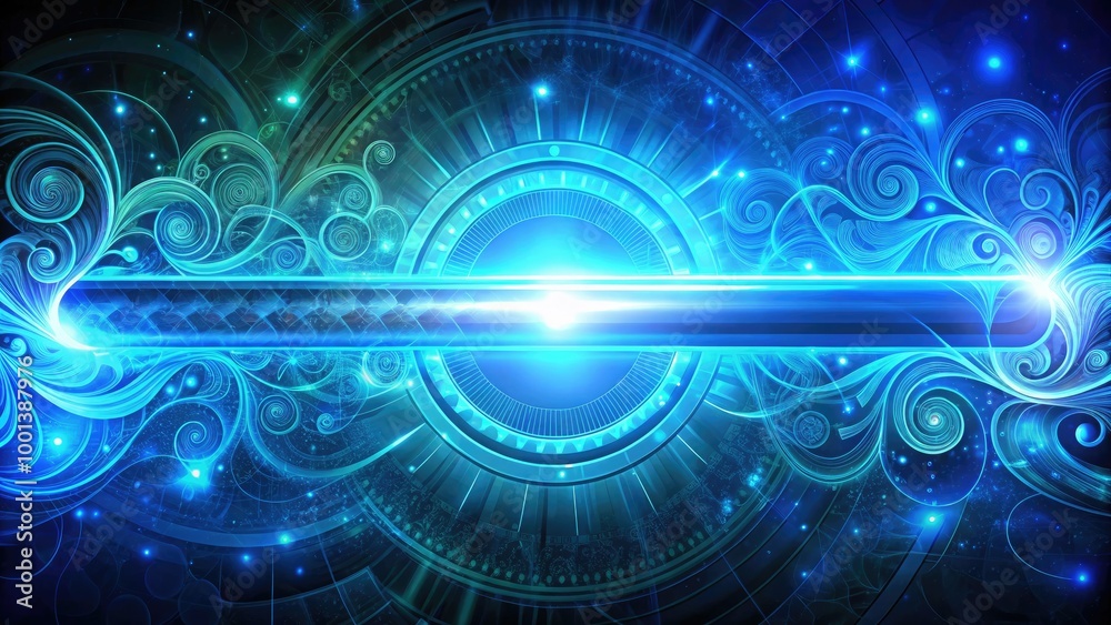 Fototapeta premium A stylized, futuristic progress bar fills with vibrant blue light as a series of mystical, swirling patterns and codes rush by, signifying loading and processing.