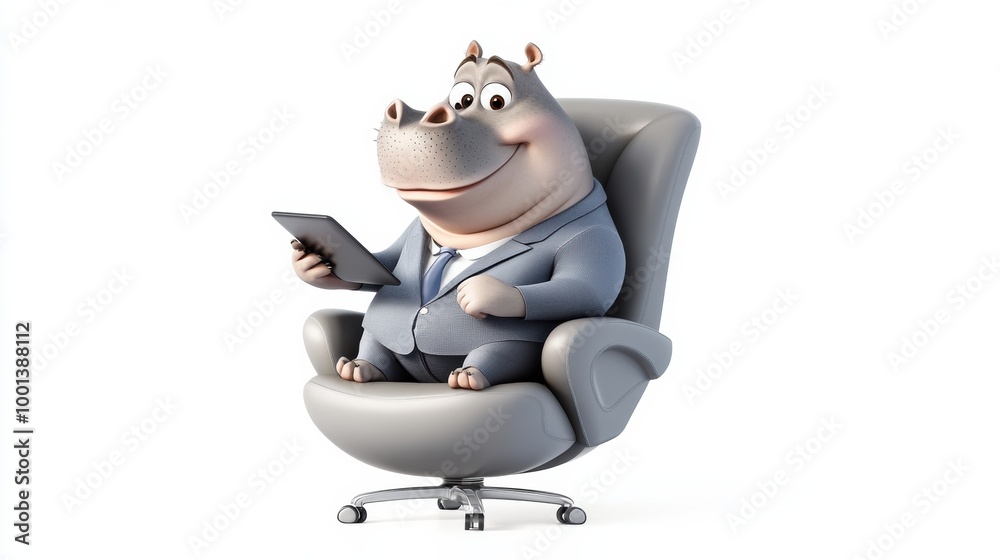 Cheerful Hippo in Business Attire Using Tablet Cheerful Hippo in Business Attire Using Tablet