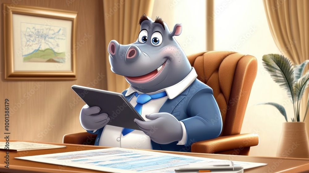Cheerful Hippo Executive in Modern Office Setting Cheerful Hippo Executive in Modern Office Setting