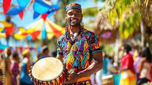 A man in a traditional Mauritian sega costume, standing in front of a vibrant coastal festival with colorful decorations photo