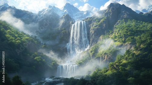 Majestic waterfall cascading through lush green mountains. Power of water theme.