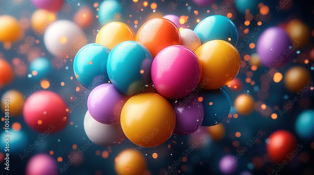 A cluster of vibrant spheres with a soft, blurry background and glittering particles of light. A cluster of vibrant spheres with a soft, blurry background and glittering particles of light.