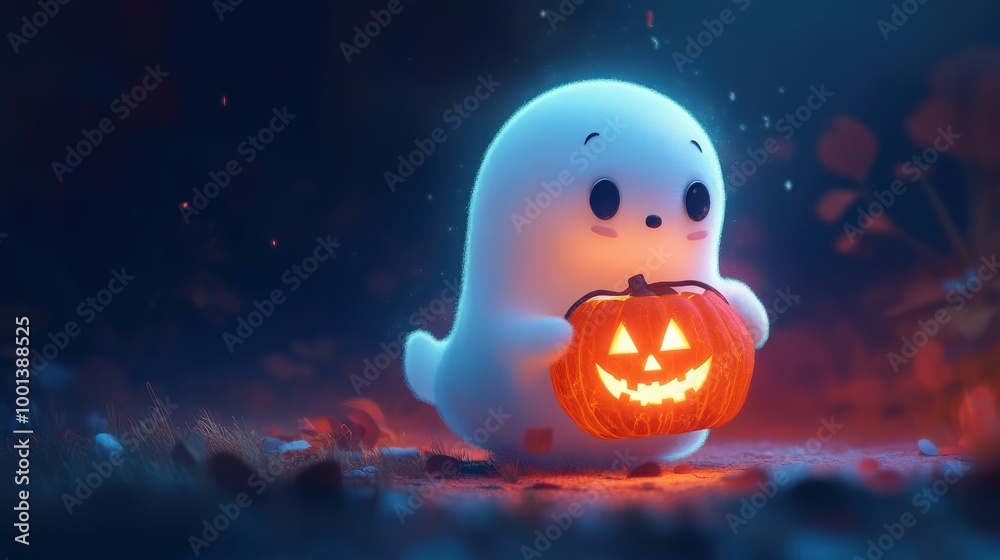 Cute ghost carrying a glowing Jack-o'-lantern, ready to celebrate Halloween with a spooky smile Cute ghost carrying a glowing Jack-o'-lantern, ready to celebrate Halloween with a spooky smile