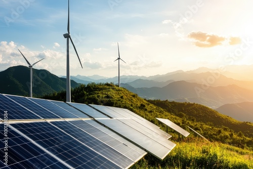 Wind turbines and solar panels in a lush green landscape during sunset, showcasing renewable energy technology in harmony with nature. photo