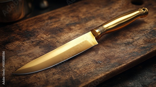 Gold-plated knife on a cutting board, luxury cooking tools, gold knife, realistic