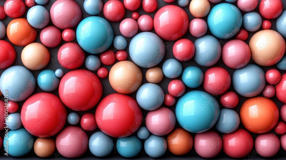 A vibrant pattern of glossy spheres in pink, blue, and orange hues, creating a mesmerizing visual display of color and form. A vibrant pattern of glossy spheres in pink, blue, and orange hues, creating a mesmerizing visual display of color and form.