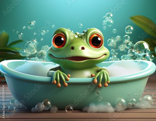 Cute Cartoon Frog Taking a ...