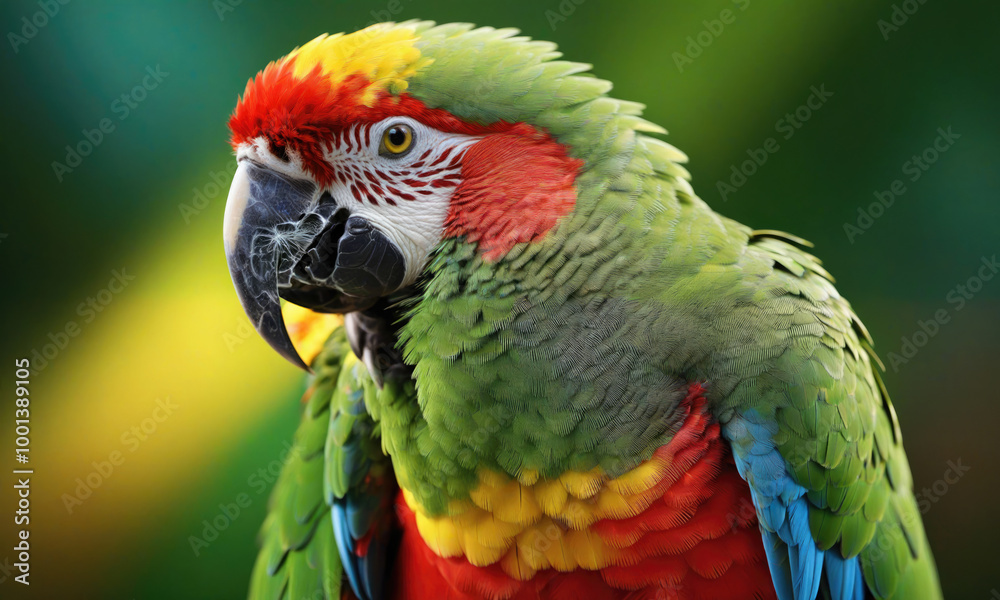 Fototapeta premium A colorful parrot with a red, yellow, and green plumage looks intently at the camera
