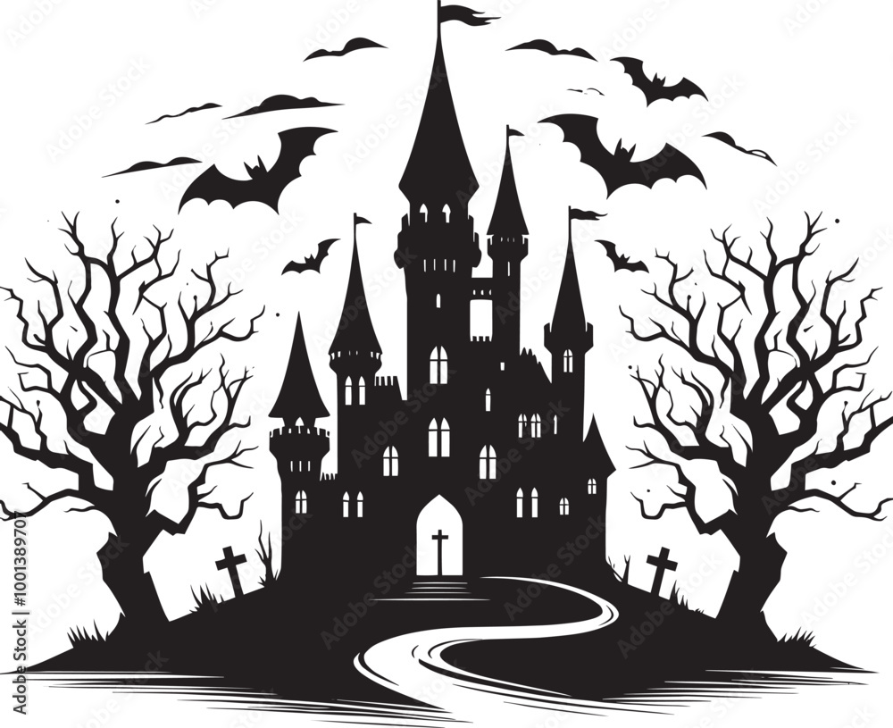 Ancient Haunted Castle silhouette vector illustration isolated on a white background Ancient Haunted Castle silhouette vector illustration isolated on a white background