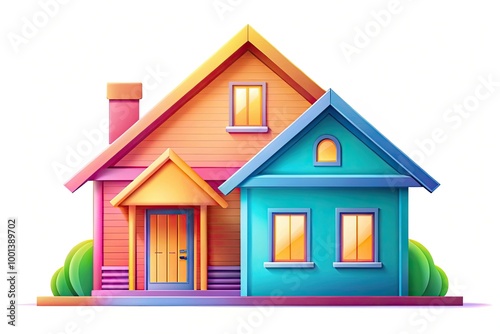 A stylized, modern illustration of a home icon in a bright, bold color scheme, set against a clean white background with subtle gradient shading.