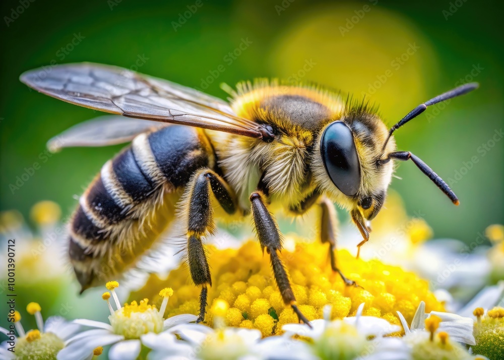 A tiny, furry, yellow and black bee with bright, shiny eyes and delicate wings perches on a soft, white flower, collecting sweet nectar. A tiny, furry, yellow and black bee with bright, shiny eyes and delicate wings perches on a soft, white flower, collecting sweet nectar.