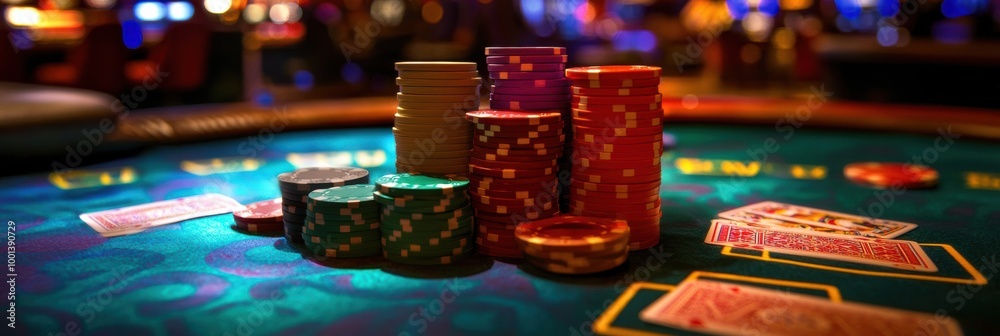 A vibrant casino table filled with colorful poker chips and playing cards during an exciting gaming night. Generative AI A vibrant casino table filled with colorful poker chips and playing cards during an exciting gaming night. Generative AI