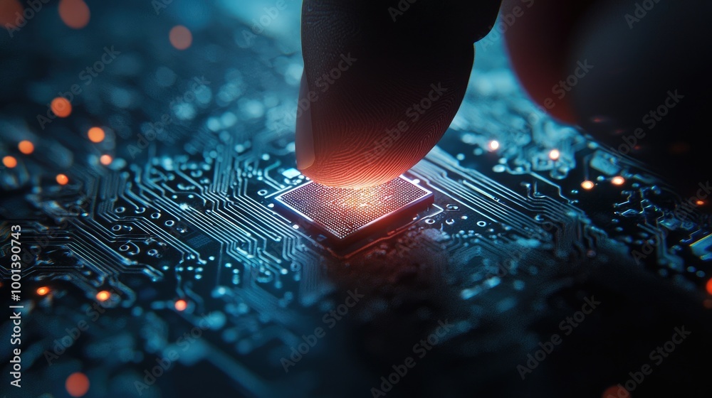 A close-up of an finger with digital lighting touch on the tip, about to touches against a glowing tiny micro chip. The background is dark and blurred. A close-up of an finger with digital lighting touch on the tip, about to touches against a glowing tiny micro chip. The background is dark and blurred.