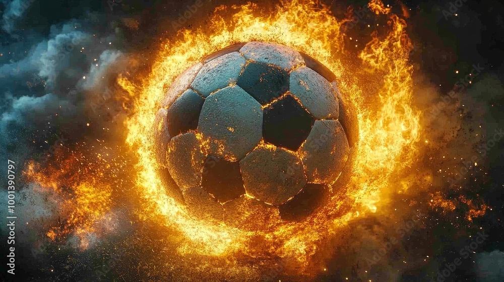 Fototapeta premium A soccer ball engulfed in flames, radiating heat and intensity, a fiery spectacle of passion and determination.