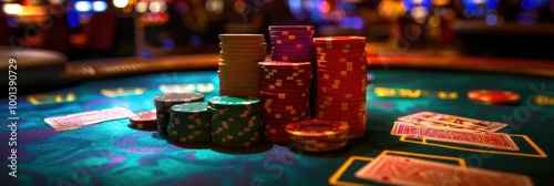 A vibrant casino table filled with colorful poker chips and playing cards during an exciting gaming night. Generative AI