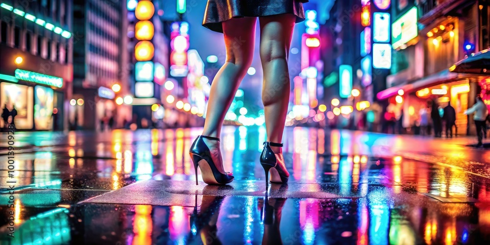 Attractive legs in high heels walk down a city street at night ...
