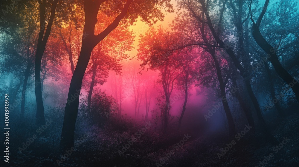 Dark forest enveloped in fog, with stunning hues of color weaving through the mist Dark forest enveloped in fog, with stunning hues of color weaving through the mist