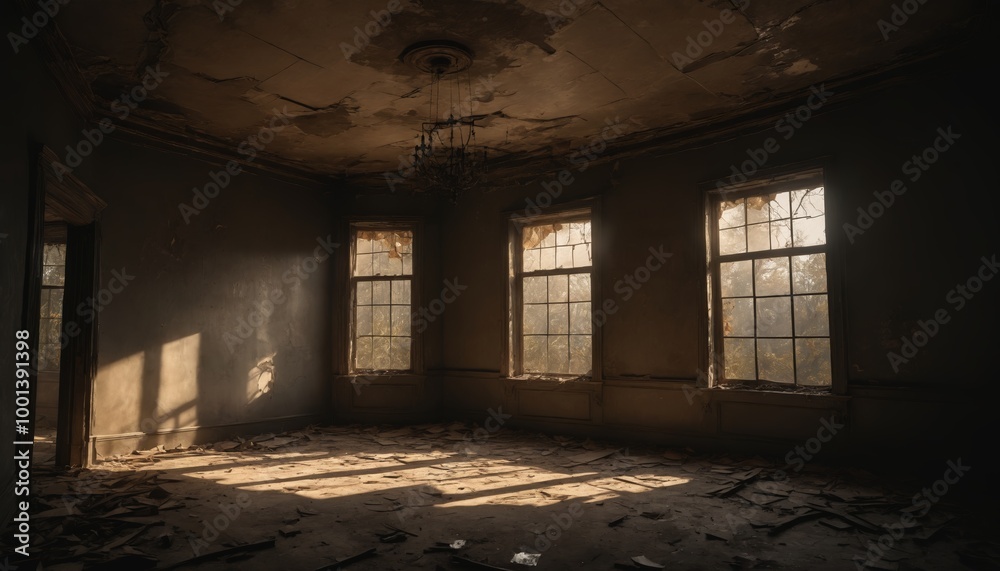 Abandoned room filled with sunlight casting shadows on dusty floorboards during golden hour Abandoned room filled with sunlight casting shadows on dusty floorboards during golden hour