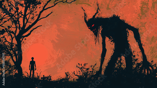 A wendigo stalking a human - horror, monster, silhouette, person, tree, red sky, darkness, eerie, nightmare, shadow, fear, creature, woods, terror, spooky, giant